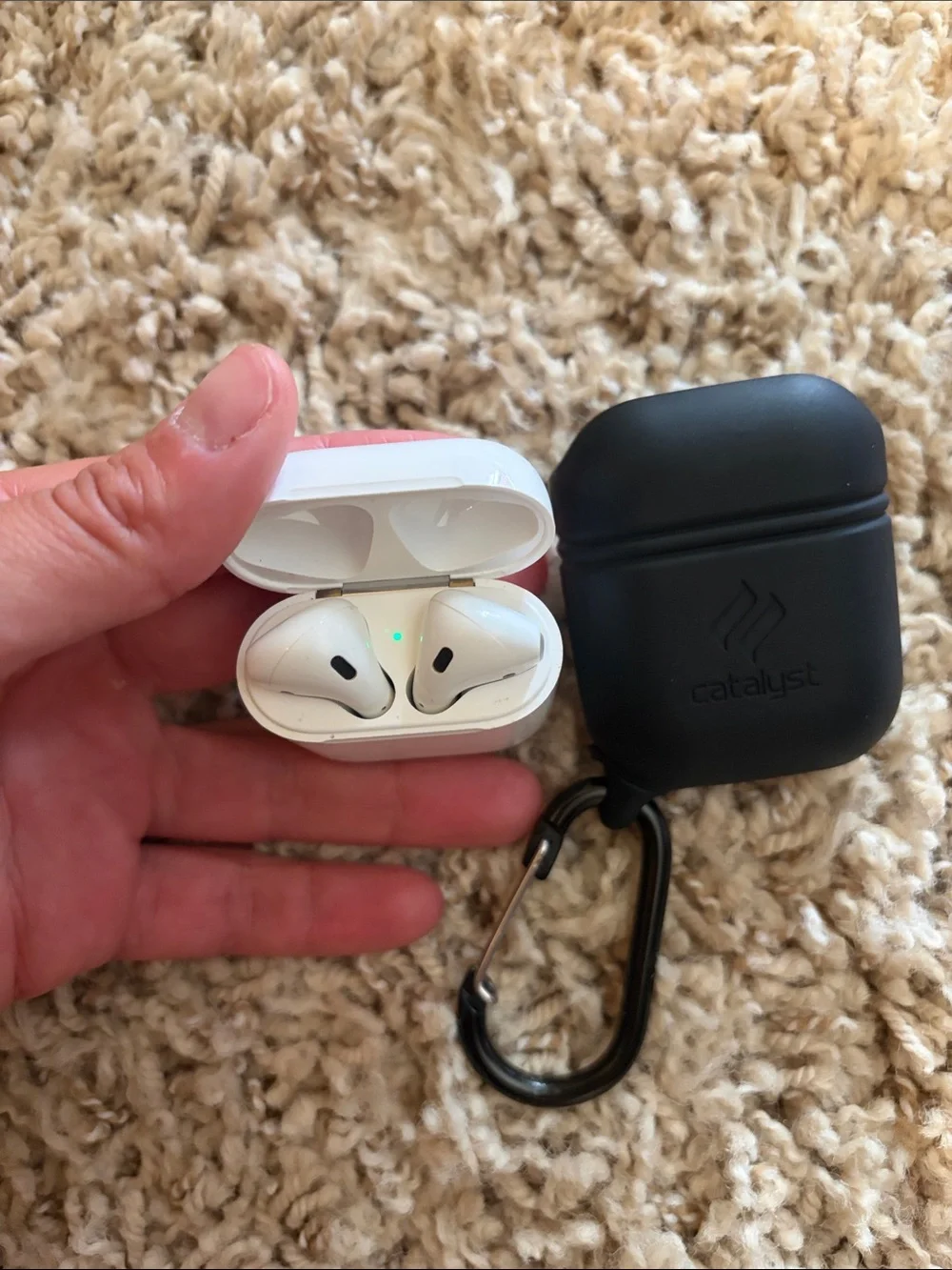 Apple White AirPods with Black Protective Case and Carabiner